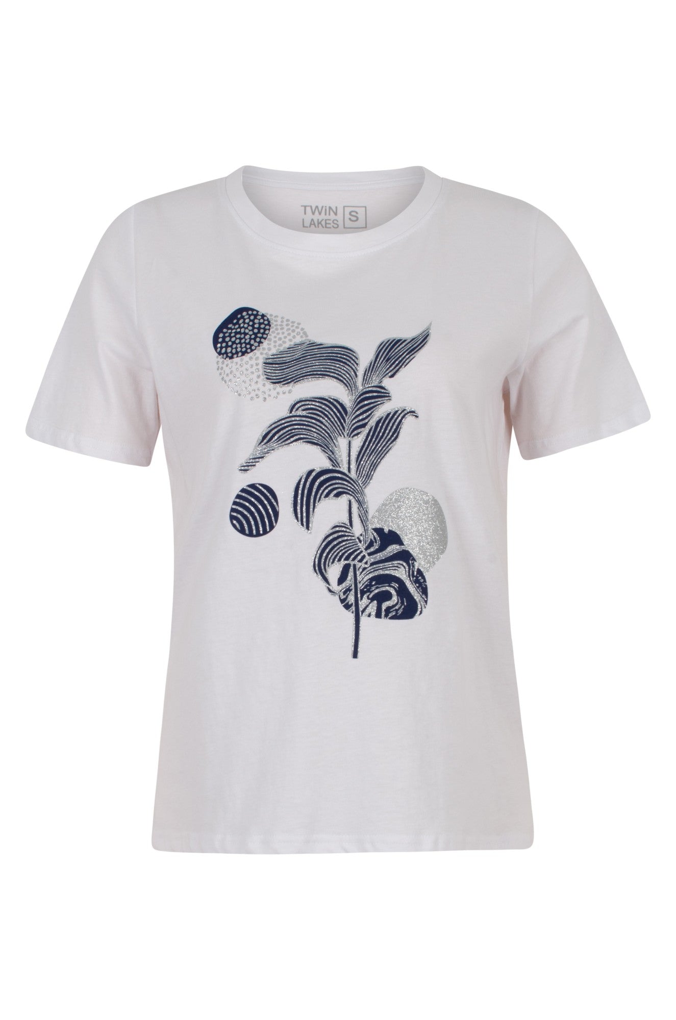 3416C1|NAVY SILV LEAF ON WHITE