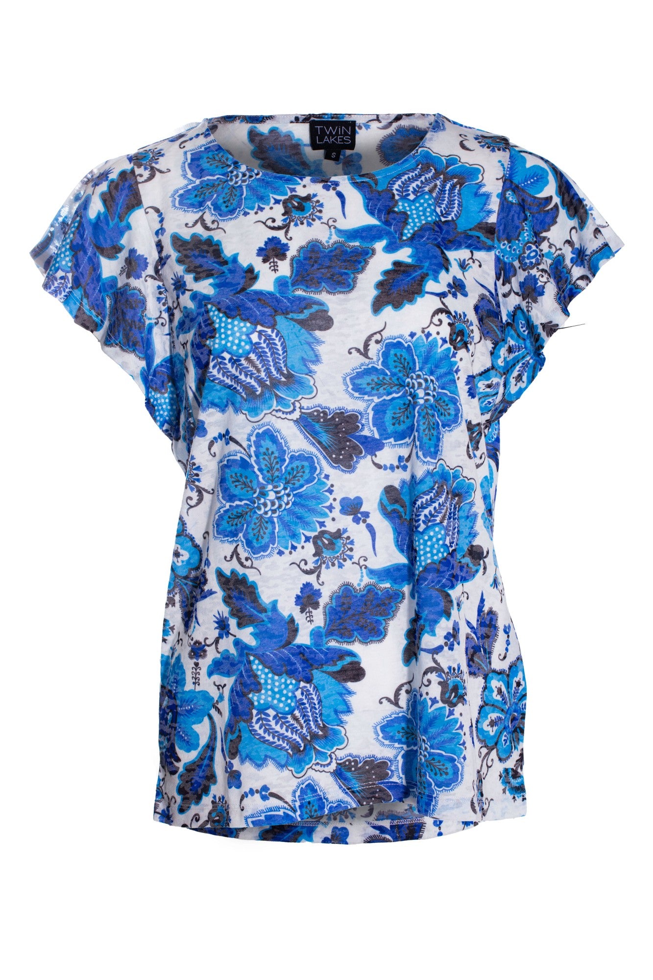 Burnout Top with flutter sleeve | Blues Abst Flower | 6055YY ...