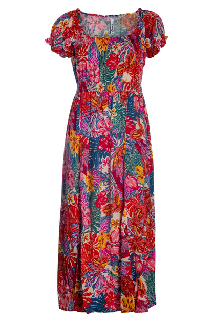 Viscose Dress with shirring details | Multi Hibiscus | 3351YY ...